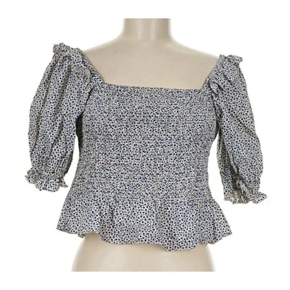 Topshop sz 8 Cropped Top puff sleeves stretchy blue white Floral blouse Smocked
